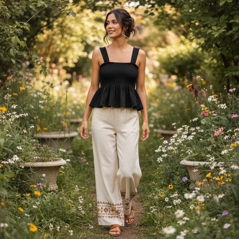 Madewell Black Smocked Crop Top Sleeveless Sz M Boho Peplum Womens